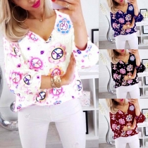 Fashion Puff Sleeve V-neck Printed Top