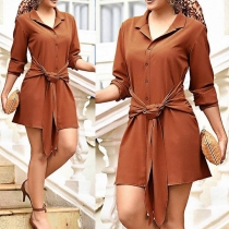 Fashion Long Sleeve Notched Lapel Lace-up Dress