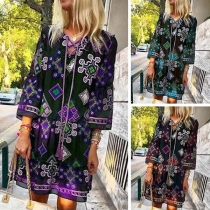 Fashion Long Sleeve Lace-up V-neck Printed Dress