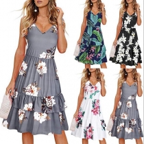 Fashion Sleeveless V-neck Ruffle Hem Printed Dress