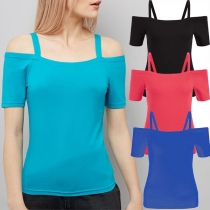 Sexy Off-shoulder Short Sleeve Solid Color Sling T-Shirt