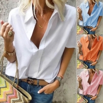 Fashion Solid Color Short Sleeve V-neck Shirt
