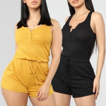 Fashion Solid Color Sleeveless Round Neck Romper