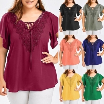 Fashion Lace Spliced V-neck Short Sleeve Oversized Plus-size Top