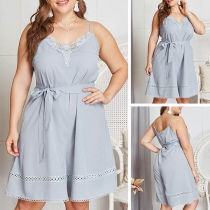 Sexy Backless V-neck Lace Spliced Oversized Plus-sized Sling Romper