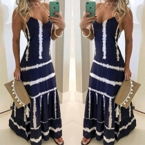 Sexy Backless V-neck Ruffle Hem Striped Sling Dress