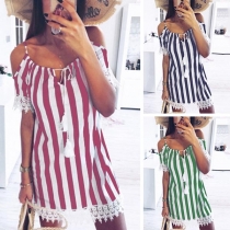 Sexig Off-shoulder Spets Randig Sling Midi-klänning