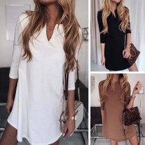 Fashion V-Neck Half Sleeve Solid Color Dress