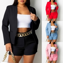 Fashion Long Sleeve Blazer + High Waist Shorts Two-Piece Set