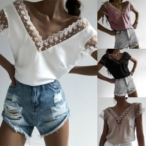Sexy Backless V-Neck Lace Spliced Short Sleeve Top
