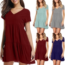 Fashion Solid Color V-Neck Short Sleeve Dress