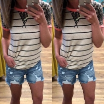 Fashion Round Neck Short Sleeve Striped T-Shirt