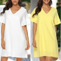 Fashion V-Neck Lotus Sleeve Solid Color Dress