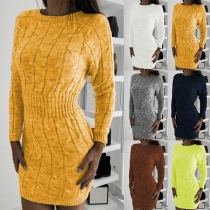 Fashion Round Neck Long Sleeve Solid Color Sweater Dress