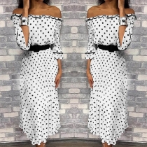 Sexy Off-shoulder Boat Neck Half Sleeve Dots Printed Dress