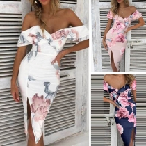 Sexy Off-Shoulder V-Neck Slit Hem Slim Fit Printed Dress
