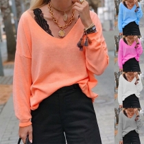 Fashion Solid Color V-Neck Long Sleeve T-shirt