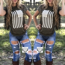 Fashion Round Neck Short Sleeve Flag Printed T-Shirt