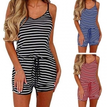 Sexy Backless V-neck Striped Sling Romper 
