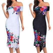 Sexy Off-shoulder Boat Neck Irregular Hem Slim Fit Printed Dress