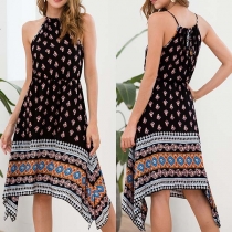 Sexy Backless Irregular Hem Printed Sling Dress