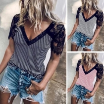 Fashion Lace Spliced Short Sleeve V-neck Striped T-shirt 