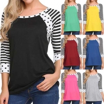 Fashion Striped Spliced 3/4 Sleeve Round Neck T-shirt
