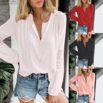 Fashion Lace Spliced Long Sleeve V-neck Loose Blouse 