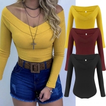 Sexig V-ringad långärmad enfärgad Slim Fit Bodysuit