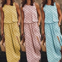 Fashion Sleeveless Round Neck Slit Hem Printed Maxi Dress