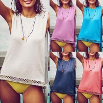 Fashion Solid Color Round Neck Tassel Hem Tank Top