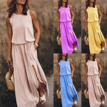 Fashion Solid Color Sleeveless Round Neck Slit Hem Maxi Dress