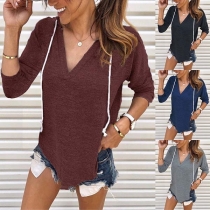 Fashion V-neck Long Sleeve Solid Color Hooded Sweatshirt 