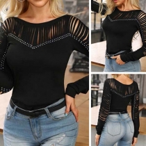 Sexy Hollow Out Long Sleeve Rhinestone Spliced T-shirt 