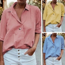Fashion Solid Color Long Sleeve POLO Collar Shirt 