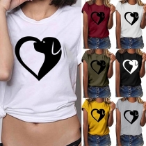 Fashion Heart Printed Short Sleeve Round Neck T-shirt 
