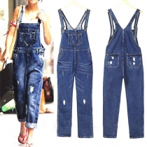 Fashion High Waist Ripped Denim Overalls 