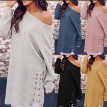 Fashion Oblique Shoulder Long Sleeve Side Lace-up Loose Top 