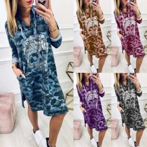 Fashion Long Sleeve Hooded Camouflage Skull Head Printed Dress