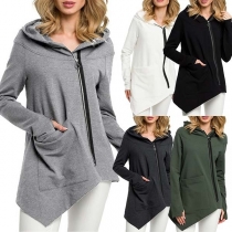Chic Style Long Sleeve Oblique Zipper Irregular Hem Hooded Sweatshirt