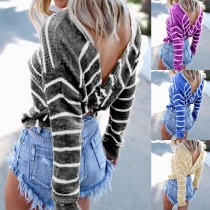 Sexy Backless Long Sleeve Round Neck Striped T-shirt