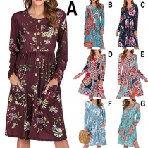Fashion Long Sleeve Round Neck Front-pocket Printed Dress