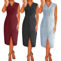 OL Style Sleeveless V-neck Slit Hem Slim Fit Dress
