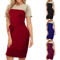 Fashion Contrast Color Short Sleeve Round Neck Slim Fit Dress