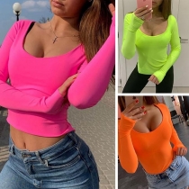 Sexig U-ringad långärmad enfärgad Slim Fit topp