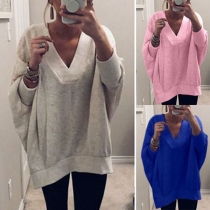 Fashion Solid Color Long Sleeve V-neck Loose Knit Top