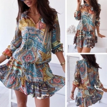 Fashion Long Sleeve V-neck Drawstring Waist Printed Dress