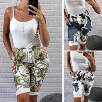 Fashion Drawstring Waist Printed Knee-length Pants 