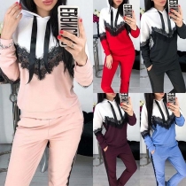 Fashion Contrast Color Lace Spliced Hoodie + Pants Sports Suit