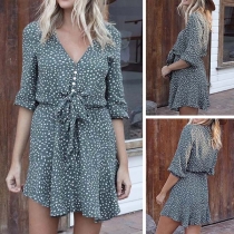 Fashion 3/4 Sleeve V-neck Dots Printed Dress